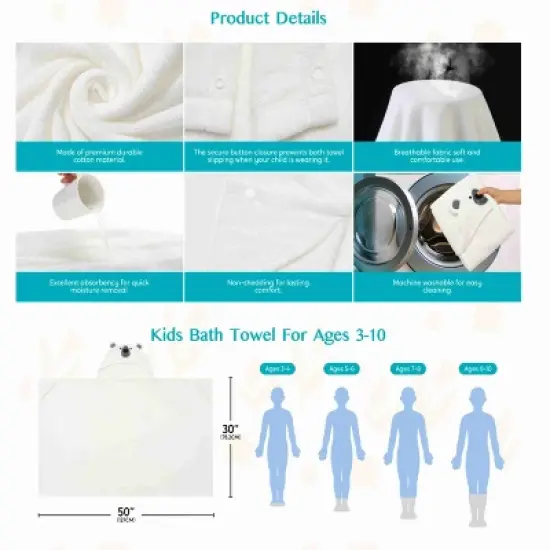 Joyfy Hooded Towel for Kids Soft 30x50in Bath Beach Towel 100% Cotton Toddler Pool Hood Absorbent Swim Wrap  White Bear  for Kids 3-10 Years image {4}