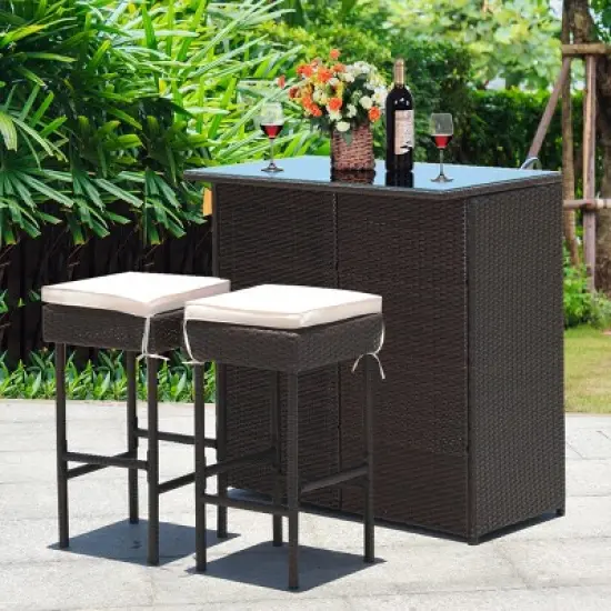 Costway 3PCS Patio Rattan Wicker Bar Table Stools Dining Set Cushioned Chairs Garden image {2}