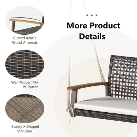 Tangkula 2-Seat Rattan Porch Swing Chair Outdoor Wicker Swing Bench W/ Seat Cushion image {7}