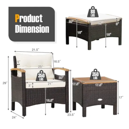 Tangkula Outdoor Patio 5PCS Rattan Conversation Furniture Set Acacia Wood Frame Chair with Coffee Table & 2 Ottomans for Backyard&Poolside image {8}