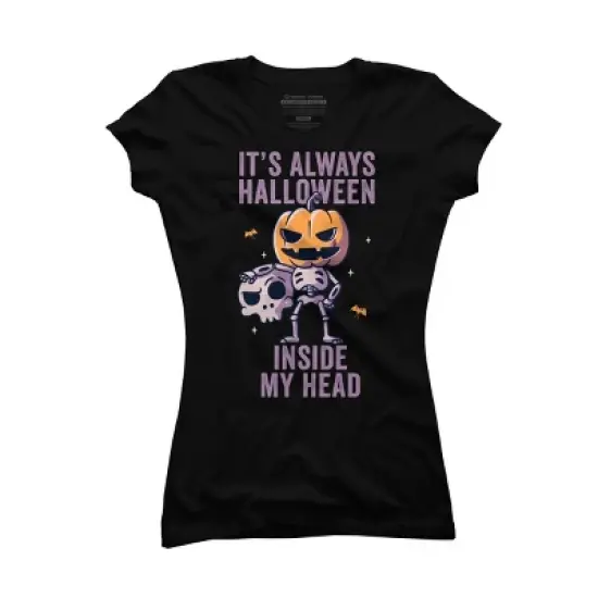 Junior's Design By Humans It's Always Halloween Inside My Head Funny Cute Spooky By EduEly T-Shirt image {3}