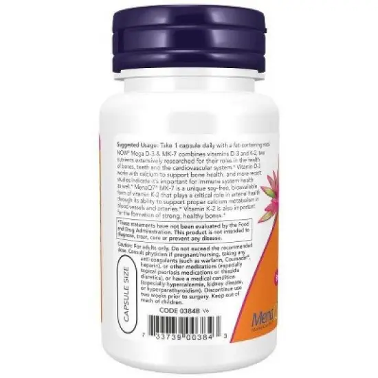 Mega D-3 & MK-7 by Now Foods  -  60 VegCap image {2}