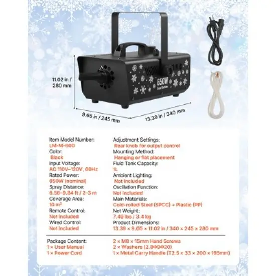 VEVOR Snow Machine,650W Handheld/Hanging Fake Snow Maker, Snowmaking Machine with Portable Handle,Outdoor & Indoor Artificial Snowflake Maker, Black image {7}
