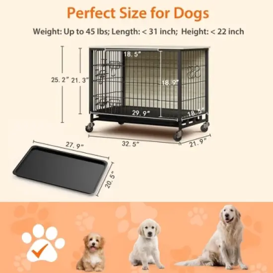 Dog Crate Furniture for Medium Dogs, 32.5" L x 21.9" W x 25.2" H Indoor Kennel with Double Doors, Wheels & Removable Tray image {3}