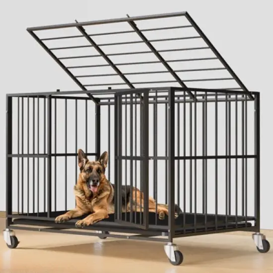 XBRIGH round tube lightweight dog crate with wheels for mobility, sturdy door locks, double doors and removable tray design image {7}