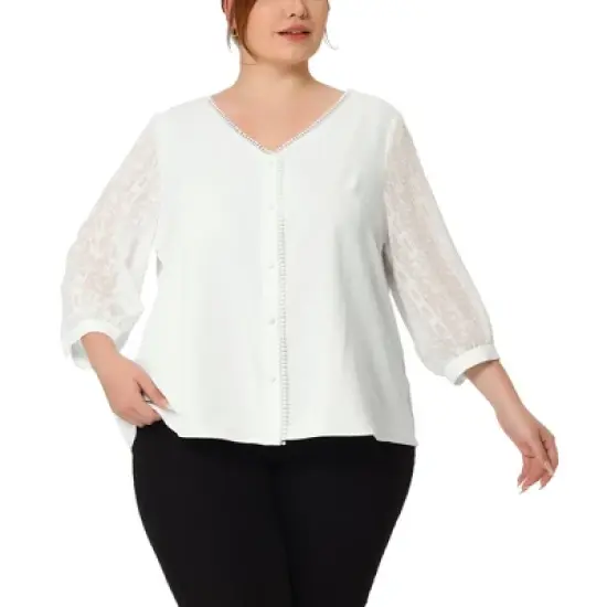 Agnes Orinda Women's Plus Size Spring Elegant Lace Sleeve Button-Down Blouse image {5}
