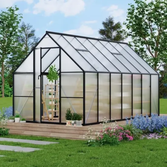 homfan Aluminum Polycarbonate Greenhouse w/ Roof Vent - Heavy Duty Quick Setup Walk-in Greenhouse for Outdoors, Black image {11}