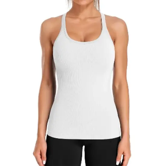 Attraco Women's Ribbed Workout Tank Tops with Built in Bra Tight Racerback Scoop Neck Athletic Top image {3}