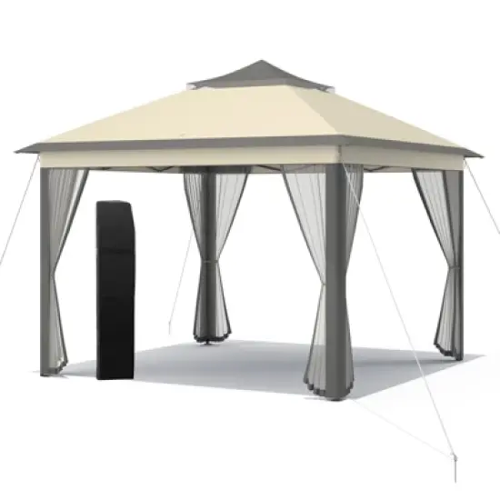 Costway 11'x11' 2-Tier Pop-Up Gazebo Tent Portable Canopy Shelter Carry Bag Mesh Brown\Beige image {11}