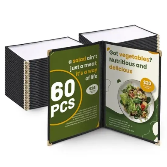 WeChef 60 Pack Restaurant Menu Covers 8.5 x 14inch Book Style 2 Pages 4 Views Black image {6}