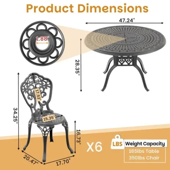 7-Piece Patio Set: Round Table & 6 Chairs - Cast Aluminum, All-Weather/Umbrella Hole & Adjustable Legs for Balcony/Backyard image {4}