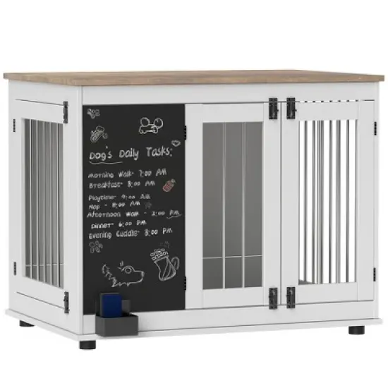 PawHut Furniture Dog Crate, 39" Dog Kennel Furniture Side Table for Large Dogs Up to 66 LBS with Three Doors, Blackboard & Non-slip Foot Pads, White image {6}