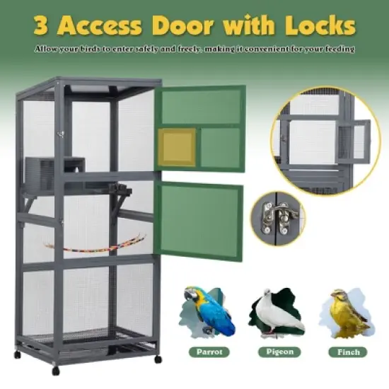 Sandinrayli 68"H Large Wood Bird Cage on Wheels, Outdoor Bird Aviary Indoor Wooden Large Bird Cage Parakeet Cage with Feeder, Gray image {4}