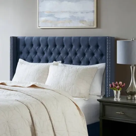 Queen Janice Upholstered Headboard Navy - Madison Park image {1}