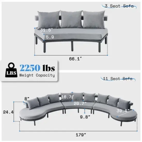 AMERLIFE 10 Seats Aluminum Patio Furniture Set, Outdoor Sectional Sofa with 6" Cushions, Modular Curved Conversation Set image {6}