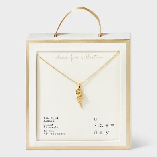 14K Gold Plated Rose Pendant Necklace - A New Day&trade;: Brass, Cubic Zirconia, 16" Length, Lobster Claw Clasp image {3}