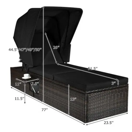 Tangkula Set of 2 Rattan Patio Chaise Lounge Chair W/ Adjustable Canopy Black Cushion image {8}