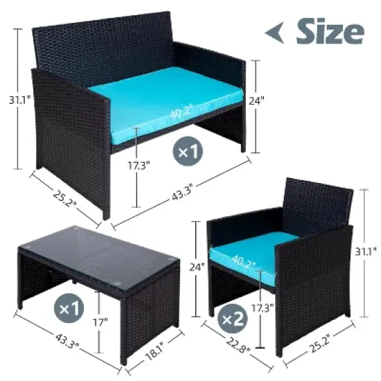 FIONECA Deluxe 4-Piece Patio Furniture Set &uml;C Black Rattan Outdoor Conversation Set with Light Blue Cushions & Table image {2}