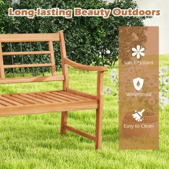 Costway Outdoor Acacia Wood Bench 2-Person Patio Bench with Slatted Seat &  Backrest image {6}