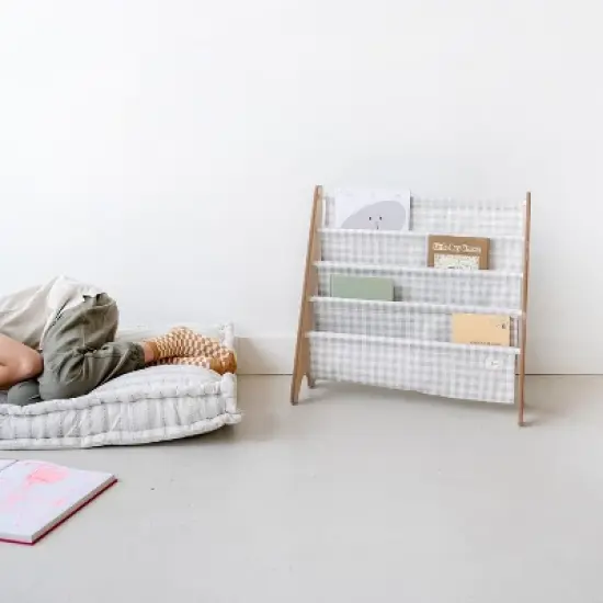 3 Sprouts Recycled Fabric Kids Bookcase, Toddler Bookshelf - Gingham Beige image {1}