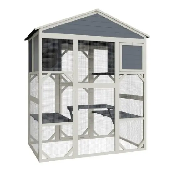 71" Wooden Outdoor Catio,Large Cat Enclosure with Waterproof Roof,3 Platforms And 2 Cozy Napping Houses-Maison Boucle image {5}