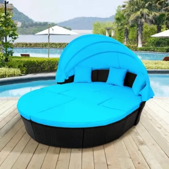 6pc Wicker Round Outdoor Sectional Set with Cushions - Black/Blue - GODEER image {5}