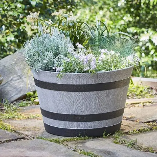 Southern Patio HDR-055457 Resin Whiskey Barrel Indoor Outdoor Garden Planter Pot for Vegetables, Trees, Plants, and Flowers, Gray (2 Pack) image {2}