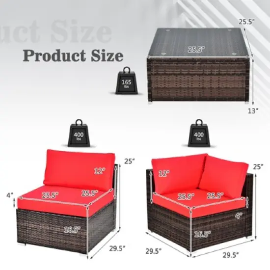 Tangkula 6PCS Wicker Patio Sectional Conversation Furniture Set with Coffee Table & Seat Cushions Red image {5}