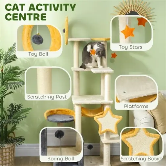 DOMETOUR 63 Inch Cute Cat Tree Cat Tower for Kitty, Cat Climbing Frame with Scratching Post, Cat Condo, Plush Perch, Hammock image {2}