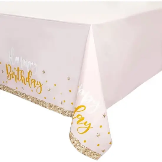 Sparkle and Bash 3 Pack Pink and Gold Plastic Party Tablecloth, Happy Birthday (54x108 In) image {3}