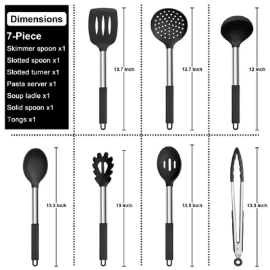 Itopfox 7-Piece Silicone Cooking Utensil Set with Stainless Steel Handles, Heat Resistant for Nonstick Cookware, Includes Ladle, Turner, Spoon\ image {1}
