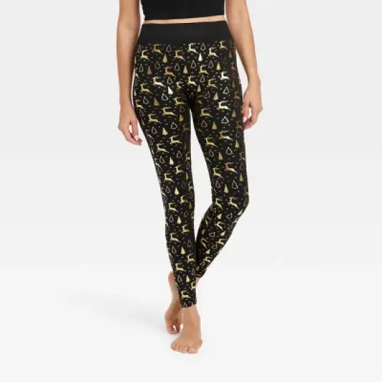 Women's Foil Print Reindeer Seamless Fleece Lined Leggings - Wondershop&trade; Black/Gold image {2}