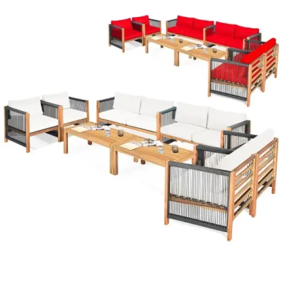 Costway 8 PCS Wood Outdoor Patio Furniture Set with Cushions White Red Cushion Cover Sets White+Red/Turquoise image {10}