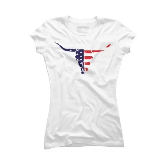 Junior's Design By Humans July 4th American Flag Bull Horns Skull By rasok T-Shirt image {3}
