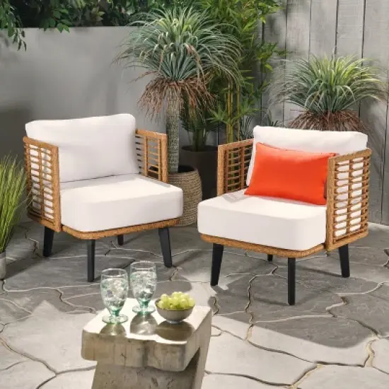 Christopher Knight Home Nic Outdoor Wicker and Acacia Wood Club Chair with Cushions image {1}