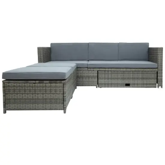 4pc Outdoor Wicker Conversation Sectional Set with Cushions - Gray - GODEER image {11}