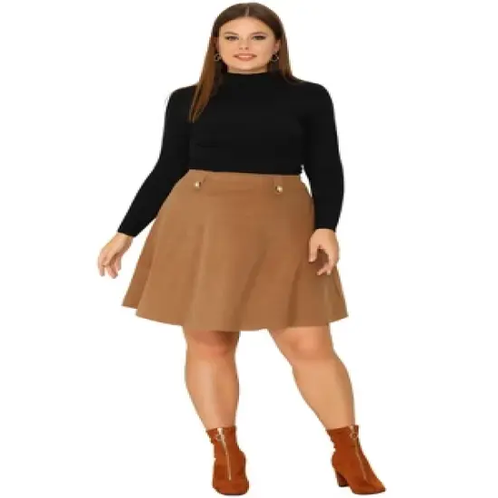 Agnes Orinda Women's Plus Size Corduroy Button Decor Elastic Waist A-Line Skirts image {2}