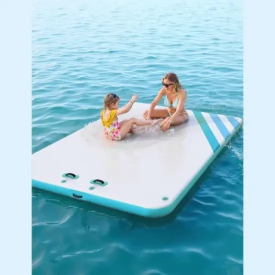 Blue Inflatable Dock Floating Platform, 10x10 FT, Non-Slip PVC Lake Float Island, Drop-Stitch, Pump/Ladder/Bag image {3}