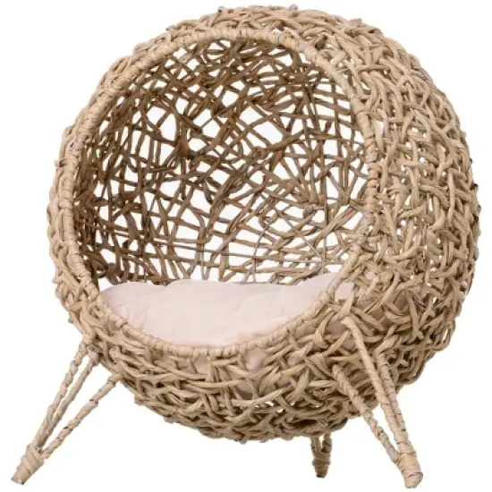 Maliang 20.5" Weaved Cat Bed, Elevated Hand-woven Braided Banana Leaf Kitten House Condo with Cushion, Beige image {2}