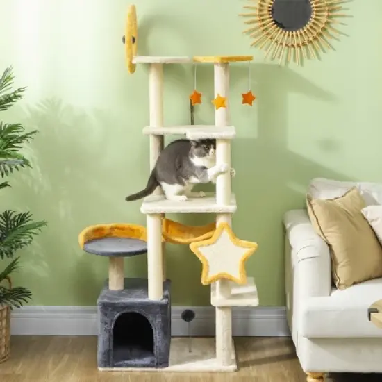 PawHut Cat Tree, 63 Inch Moon and Star Themed Cat Tower with Scratching Post, Hammock, Condo, Bed, Scratching Board & Cat Toys, Beige image {2}