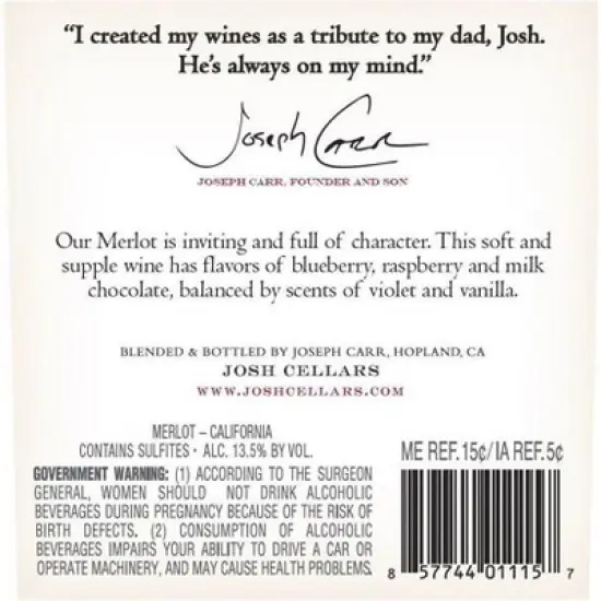 Josh Merlot Red Wine - 750ml Bottle image {9}