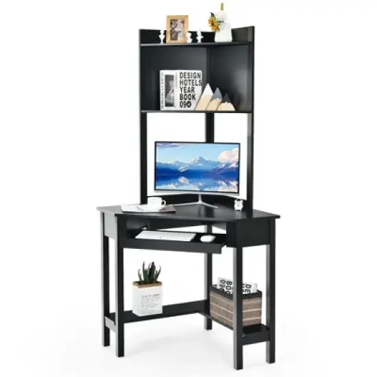 Costway Corner Computer Desk Triangle Study Desk w/ Hutch & Keyboard Tray image {10}