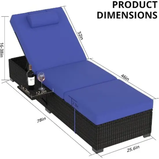 2 PCS Patio Chaise Lounge Chairs, Recliner Chairs with Side Foldable Tabletop, Reclining Chair with Adjustable Backrest Cushions for Poolside image {1}