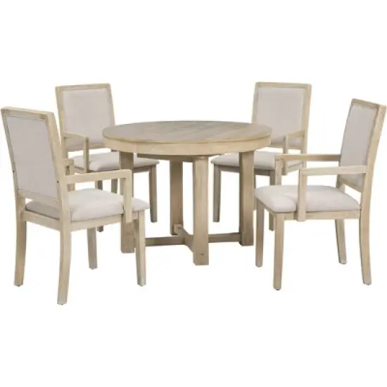 5 PCS Round Extendable Dining Table Set with Butterfly Leaf and 4 Upholstered Dining Armchairs-ModernLuxe image {7}