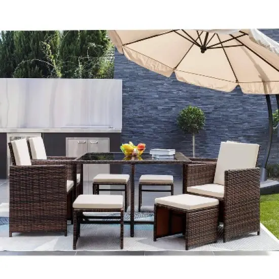 9pc Outdoor Conversation Set with Tempered Glass Table, Cushioned Chairs & Ottomans - Devoko image {4}