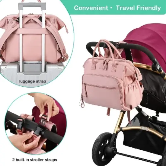 Itopfox Convertible Diaper Bag Tote with 14 Pockets, Water-resistant Nylon, Stroller Buckle, Wide Open Top (Pink, Large) image {4}