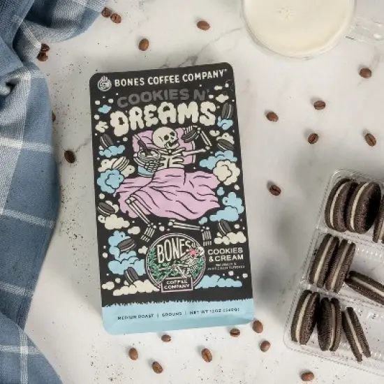 Bones Coffee Company Cookies 'N Dreams Ground Coffee Beans Cookies and Cream Flavor 12 oz Medium Roast (Ground) image {2}