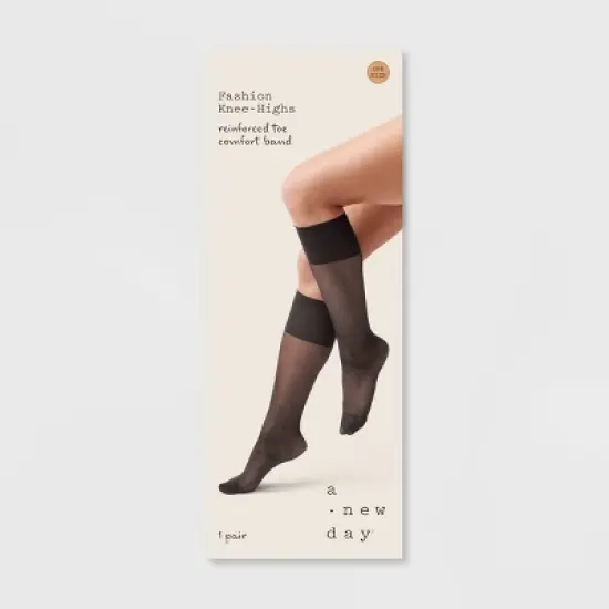 Women's Sheer Fashion Knee Highs - A New Day&trade; Black One Size Fits Most: Solid Pattern, Nylon-Spandex Blend, Closed Toe image {1}