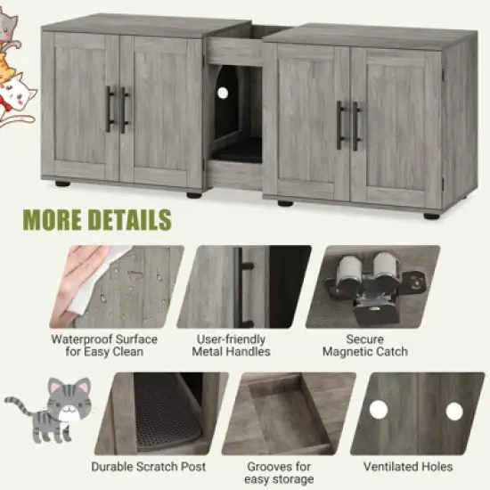 Cat Litter Box Enclosure Furniture for 2 Cats,Hiddden Cat Litter Box Enclosure Furniture 3-IN-1 Wooden Cat Litter Cabinet w/Barn Door&Double Rooms image {3}
