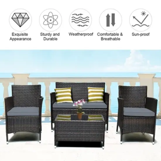 Costway 4PCS Rattan Patio Furniture Set Cushioned Sofa Chair Coffee Table image {5}